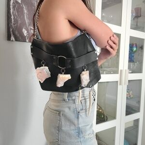 Black Leather Shoulder Bag with Raw Pink Opal Stone